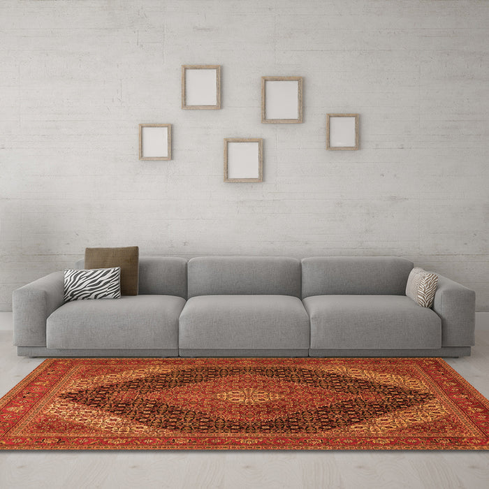 Machine Washable Medallion Orange Traditional Area Rugs in a Living Room, wshtr506org