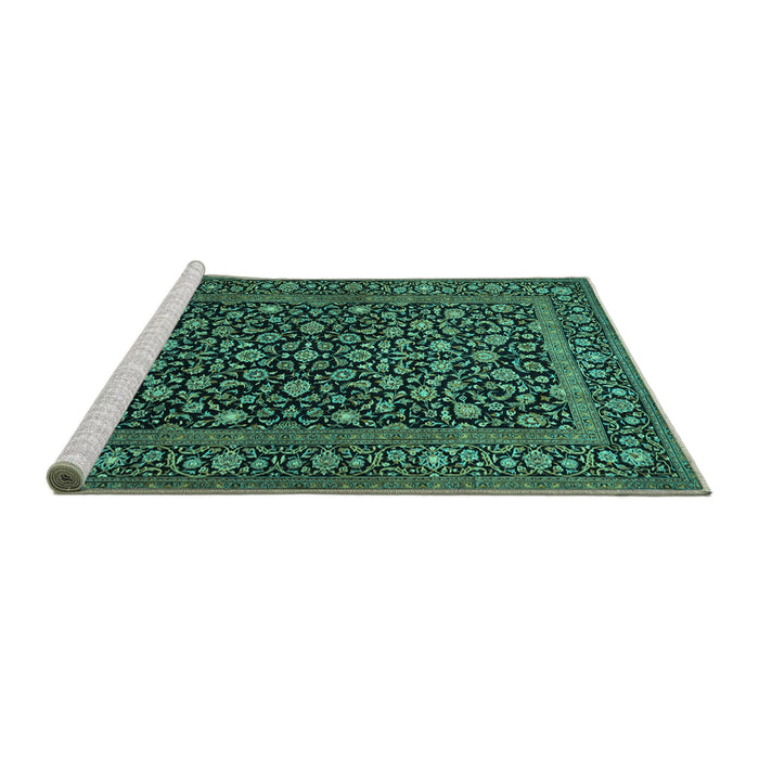 Sideview of Machine Washable Persian Turquoise Traditional Area Rugs, wshtr507turq
