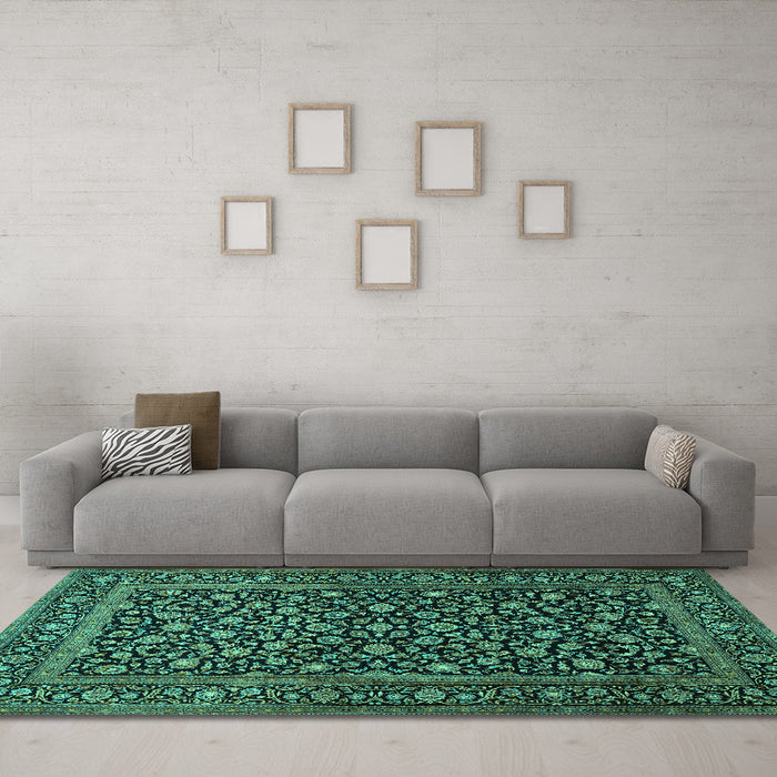 Machine Washable Persian Turquoise Traditional Area Rugs in a Living Room,, wshtr507turq
