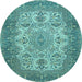 Round Machine Washable Medallion Light Blue Traditional Rug, wshtr508lblu