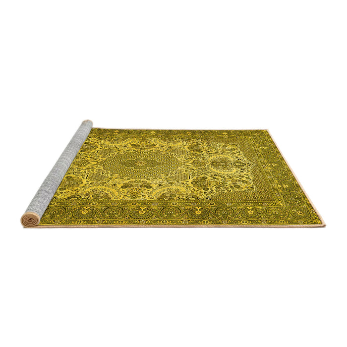 Sideview of Machine Washable Medallion Yellow Traditional Rug, wshtr508yw