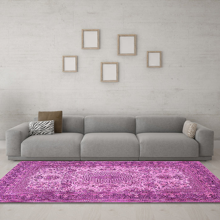 Machine Washable Medallion Pink Traditional Rug in a Living Room, wshtr508pnk