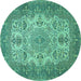 Round Machine Washable Medallion Turquoise Traditional Area Rugs, wshtr508turq