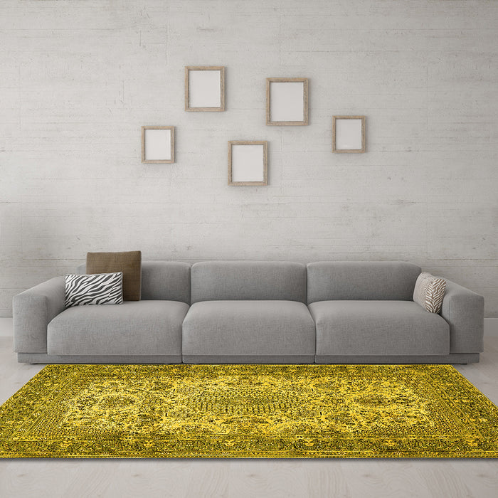 Machine Washable Medallion Yellow Traditional Rug in a Living Room, wshtr508yw