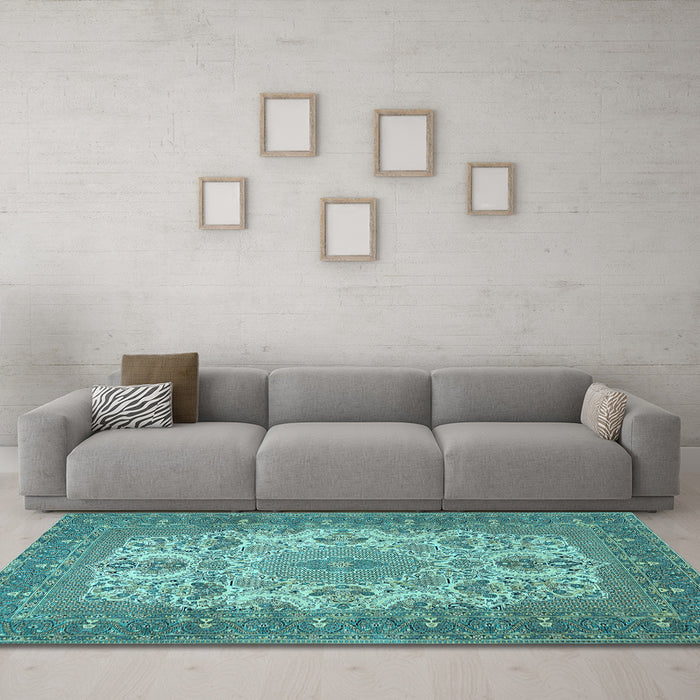 Machine Washable Medallion Light Blue Traditional Rug in a Living Room, wshtr508lblu