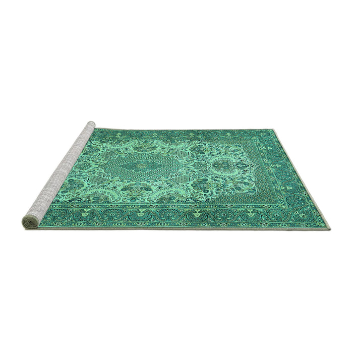 Sideview of Machine Washable Medallion Turquoise Traditional Area Rugs, wshtr508turq