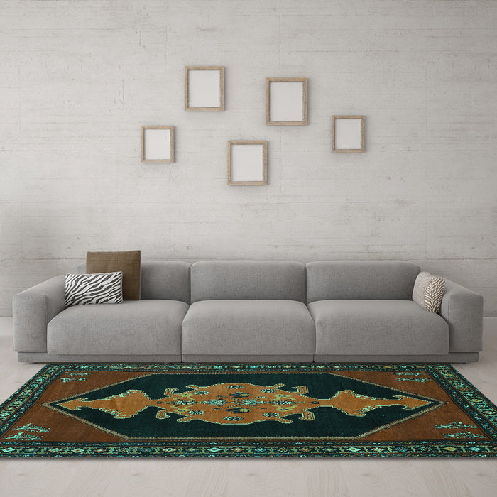 Machine Washable Persian Turquoise Traditional Area Rugs in a Living Room,, wshtr50turq