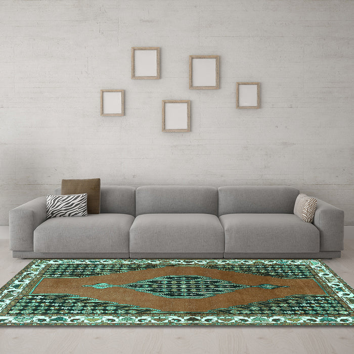 Machine Washable Persian Turquoise Traditional Area Rugs in a Living Room,, wshtr510turq