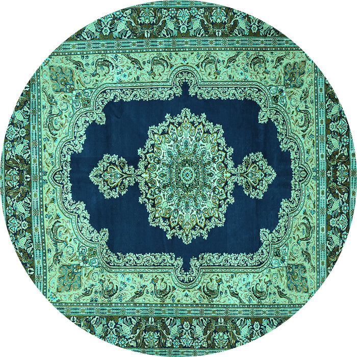 Round Machine Washable Medallion Turquoise Traditional Area Rugs, wshtr511turq