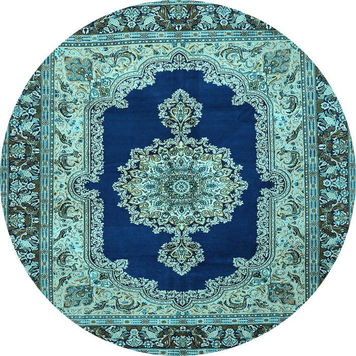 Round Machine Washable Medallion Light Blue Traditional Rug, wshtr511lblu