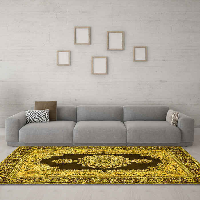 Machine Washable Medallion Yellow Traditional Rug in a Living Room, wshtr511yw