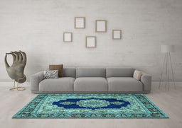 Machine Washable Medallion Light Blue Traditional Rug in a Living Room, wshtr511lblu