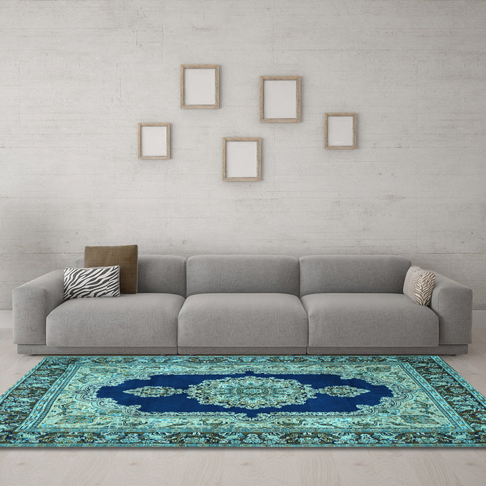 Machine Washable Medallion Light Blue Traditional Rug in a Living Room, wshtr511lblu