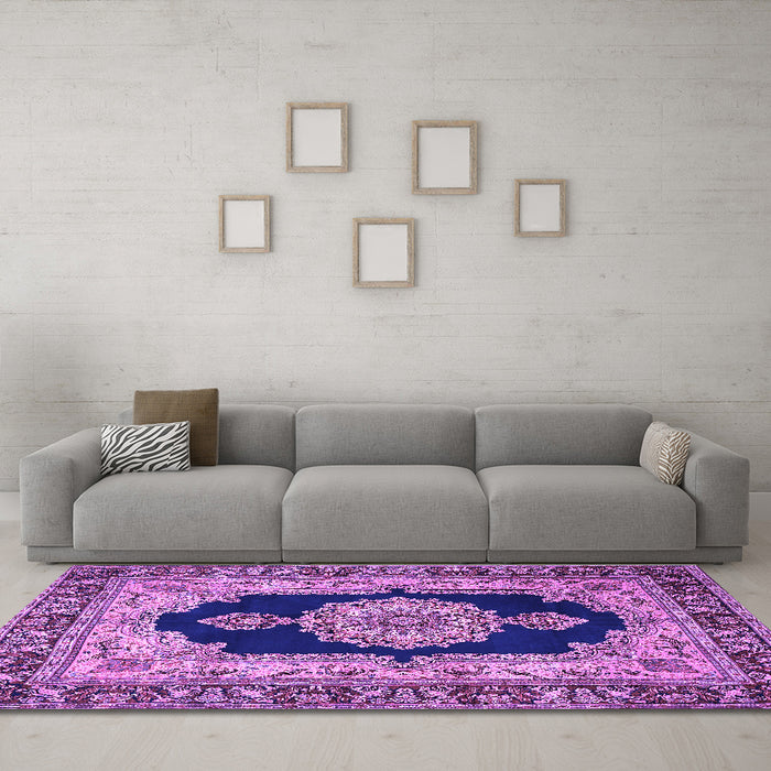 Machine Washable Medallion Purple Traditional Area Rugs in a Living Room, wshtr511pur