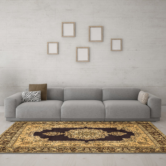 Machine Washable Medallion Brown Traditional Rug in a Living Room,, wshtr511brn