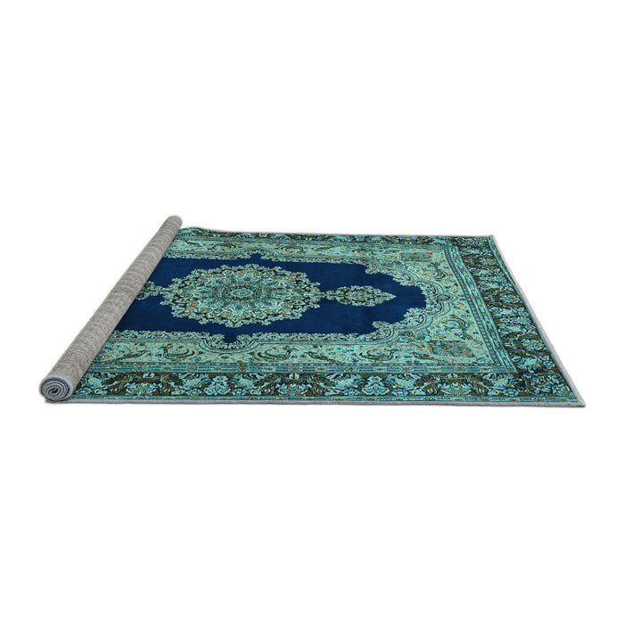 Sideview of Machine Washable Medallion Light Blue Traditional Rug, wshtr511lblu