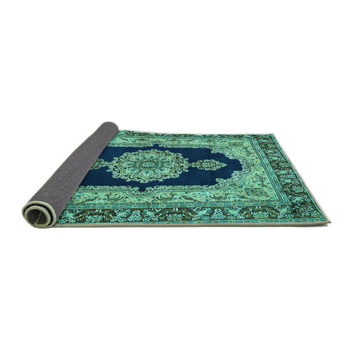 Sideview of Medallion Turquoise Traditional Rug, tr511turq