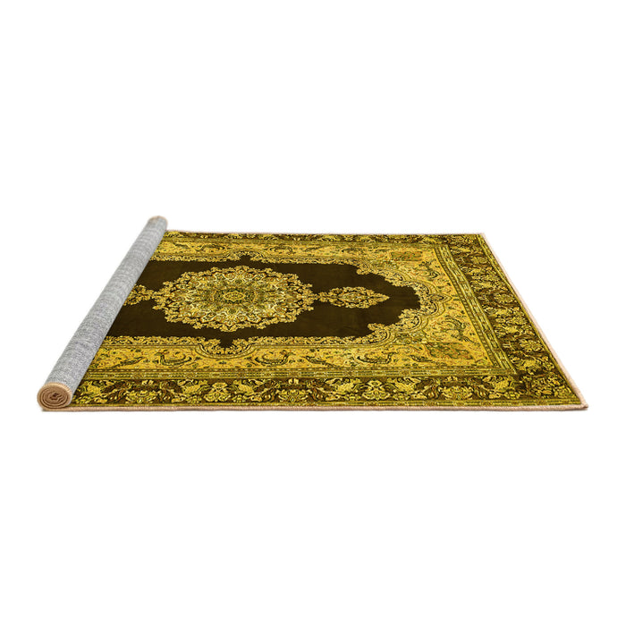 Sideview of Machine Washable Medallion Yellow Traditional Rug, wshtr511yw