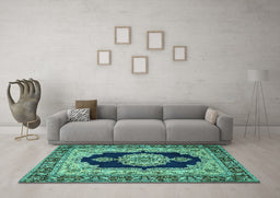 Machine Washable Medallion Turquoise Traditional Area Rugs in a Living Room,, wshtr511turq