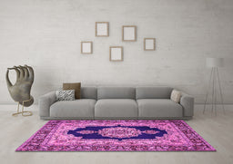 Machine Washable Medallion Pink Traditional Rug in a Living Room, wshtr511pnk