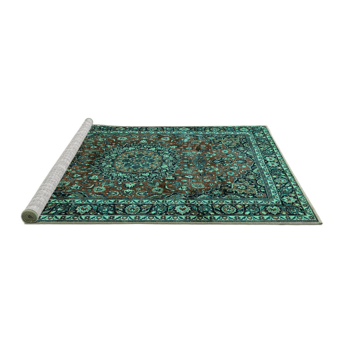 Sideview of Machine Washable Medallion Turquoise Traditional Area Rugs, wshtr512turq