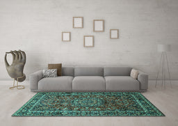 Machine Washable Medallion Turquoise Traditional Area Rugs in a Living Room,, wshtr512turq