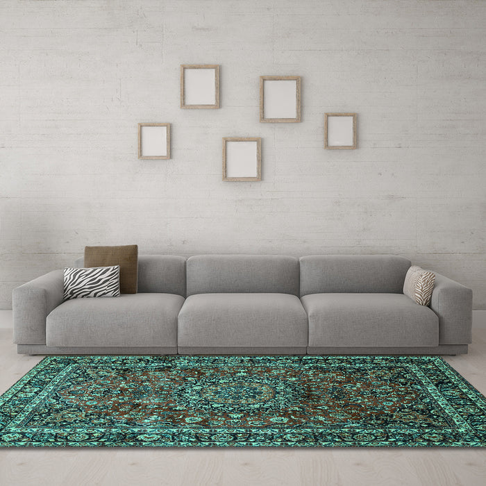 Machine Washable Medallion Turquoise Traditional Area Rugs in a Living Room,, wshtr512turq
