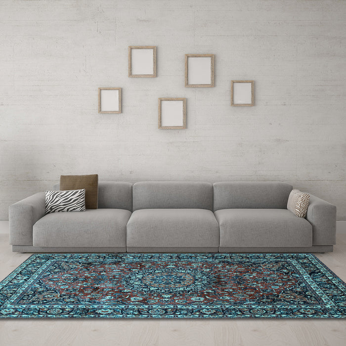 Machine Washable Medallion Light Blue Traditional Rug in a Living Room, wshtr512lblu