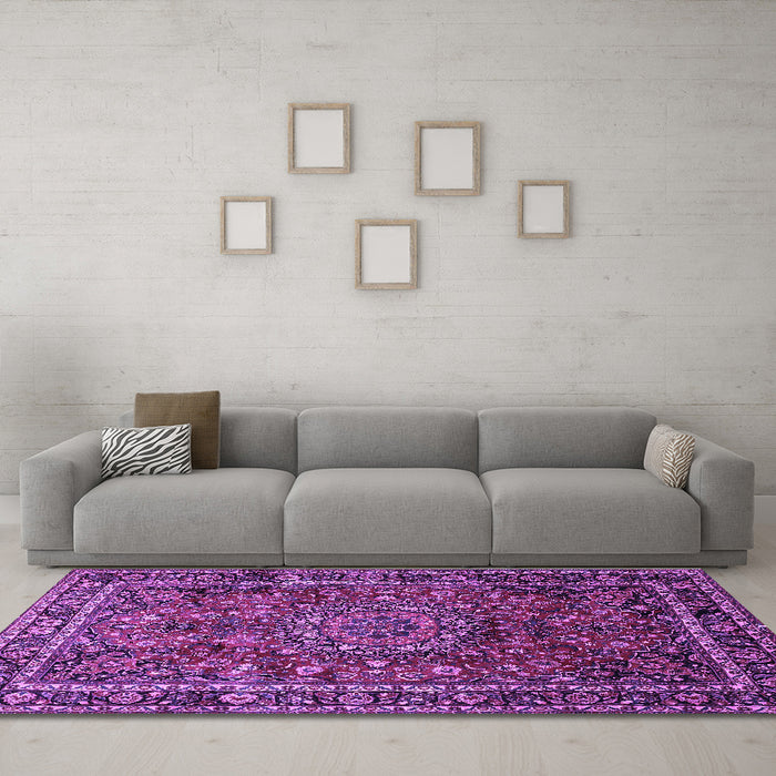 Machine Washable Medallion Purple Traditional Area Rugs in a Living Room, wshtr512pur
