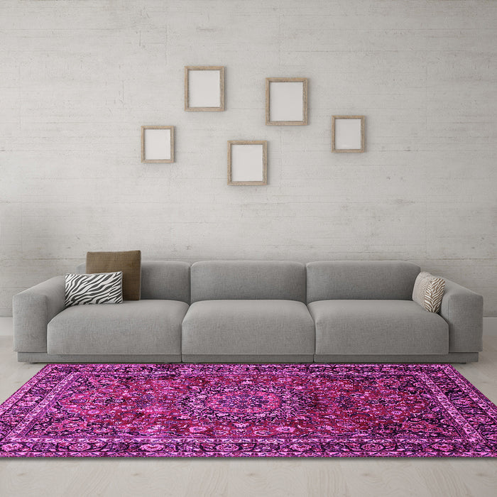 Machine Washable Medallion Pink Traditional Rug in a Living Room, wshtr512pnk