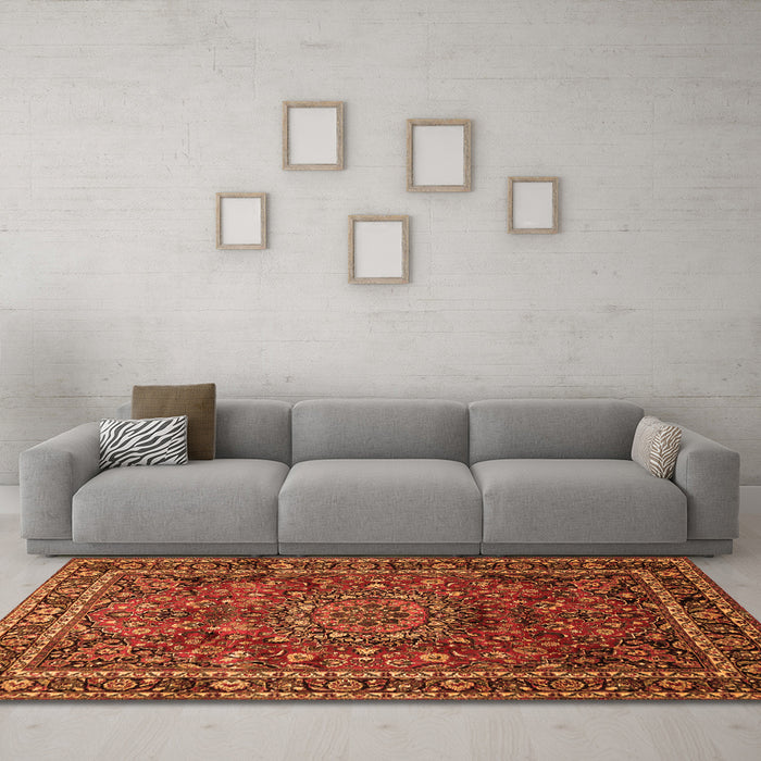 Machine Washable Medallion Orange Traditional Area Rugs in a Living Room, wshtr512org