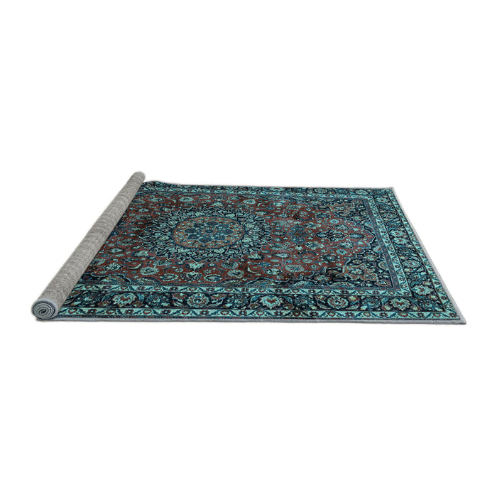 Sideview of Machine Washable Medallion Light Blue Traditional Rug, wshtr512lblu