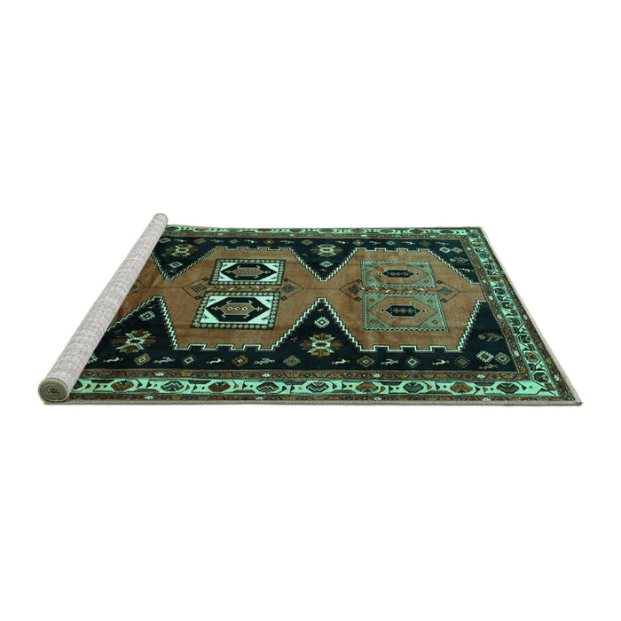 Sideview of Machine Washable Persian Turquoise Traditional Area Rugs, wshtr513turq