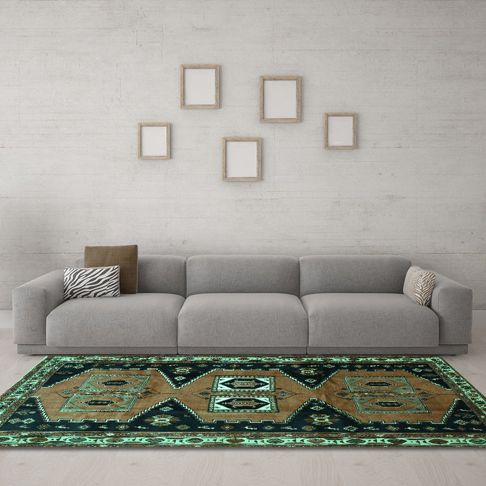 Machine Washable Persian Turquoise Traditional Area Rugs in a Living Room,, wshtr513turq