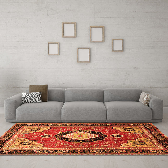 Machine Washable Medallion Orange Traditional Area Rugs in a Living Room, wshtr514org