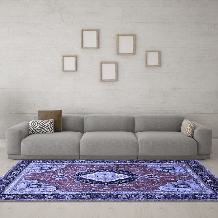 Machine Washable Medallion Blue Traditional Rug in a Living Room, wshtr514blu