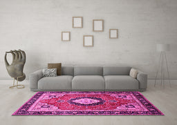 Machine Washable Medallion Pink Traditional Rug in a Living Room, wshtr514pnk
