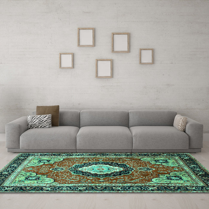 Machine Washable Medallion Turquoise Traditional Area Rugs in a Living Room,, wshtr514turq