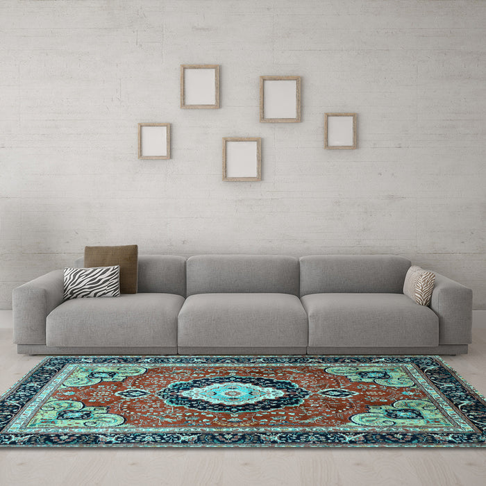 Machine Washable Medallion Light Blue Traditional Rug in a Living Room, wshtr514lblu
