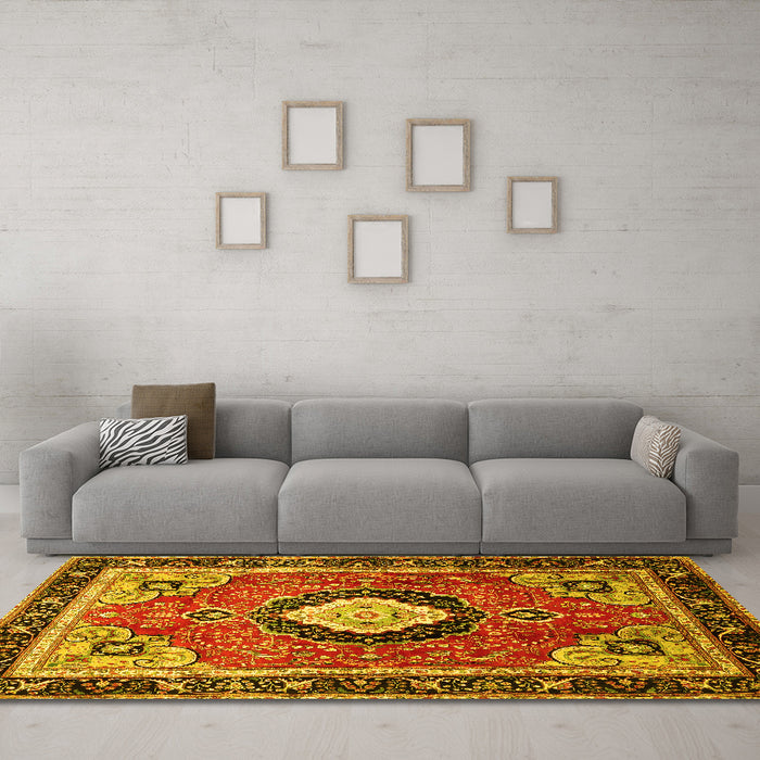 Machine Washable Medallion Yellow Traditional Rug in a Living Room, wshtr514yw