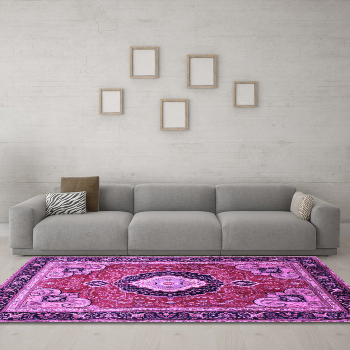 Machine Washable Medallion Purple Traditional Area Rugs in a Living Room, wshtr514pur