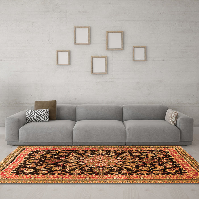 Machine Washable Medallion Orange Traditional Area Rugs in a Living Room, wshtr515org