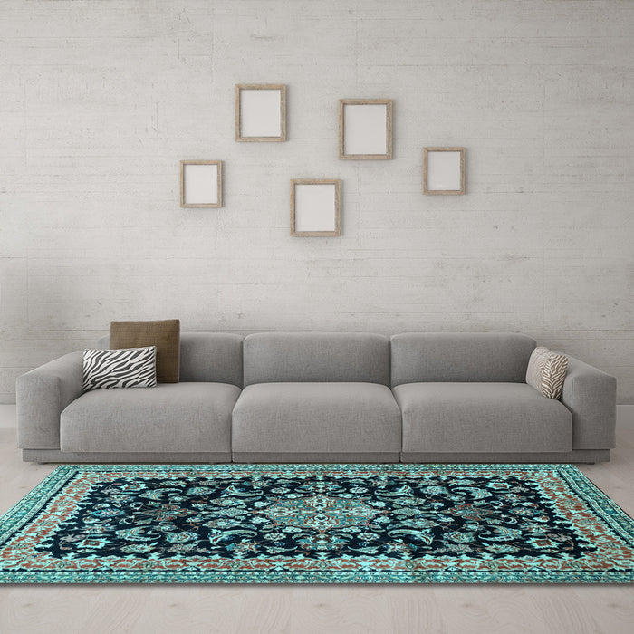 Machine Washable Medallion Light Blue Traditional Rug in a Living Room, wshtr515lblu
