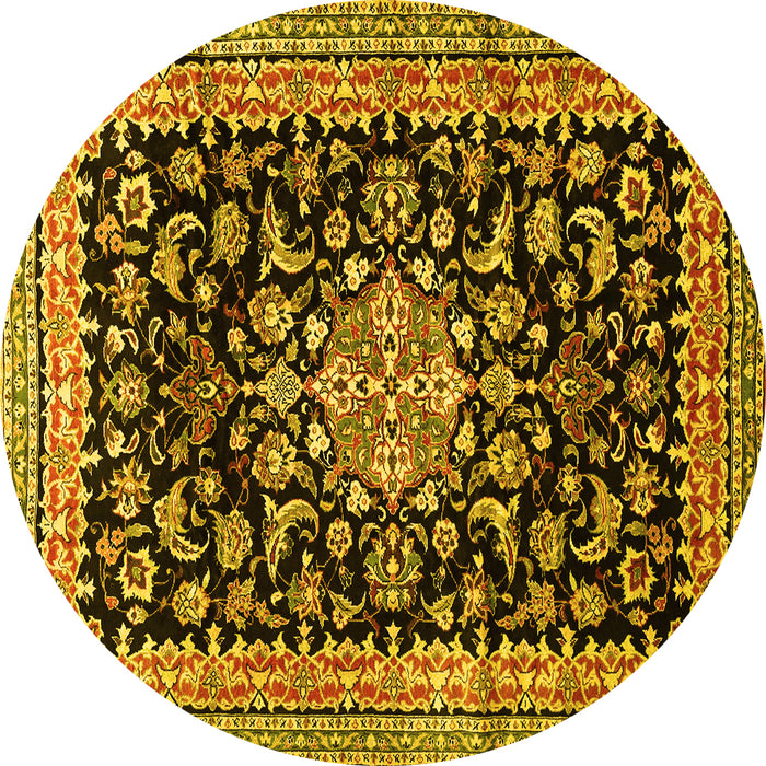 Round Machine Washable Medallion Yellow Traditional Rug, wshtr515yw
