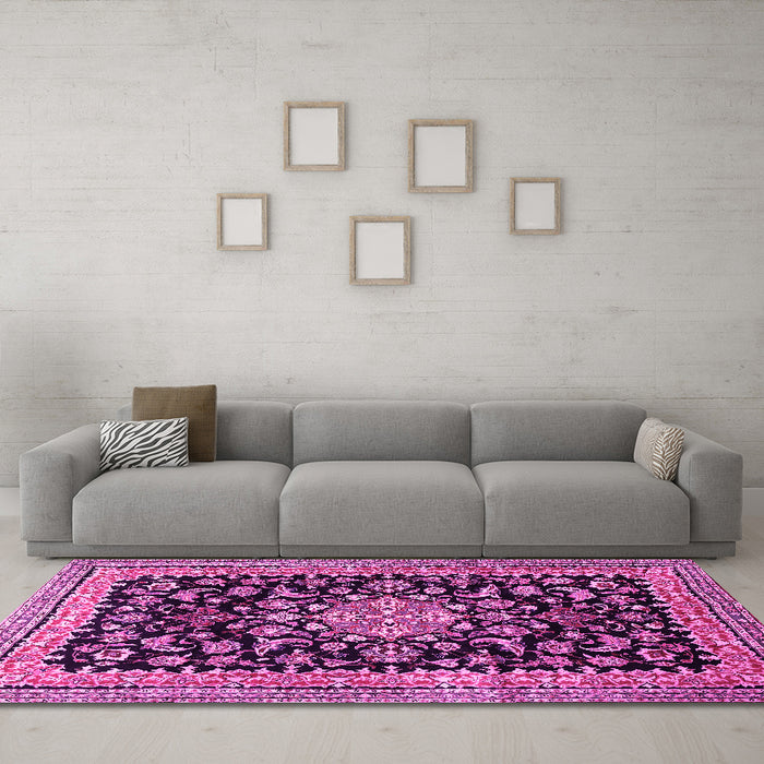 Machine Washable Medallion Pink Traditional Rug in a Living Room, wshtr515pnk