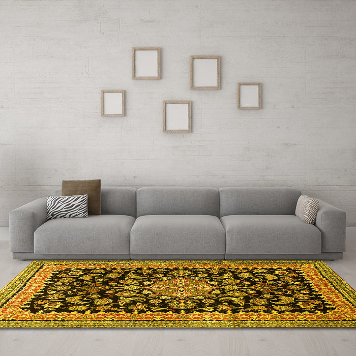 Machine Washable Medallion Yellow Traditional Rug in a Living Room, wshtr515yw