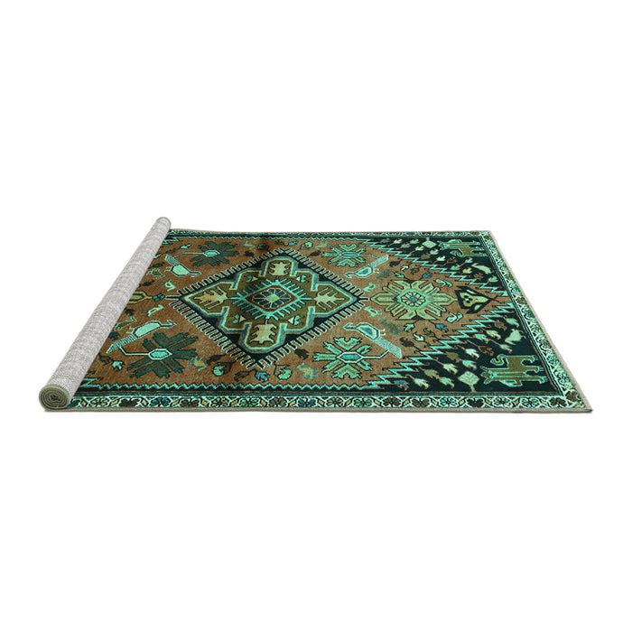 Sideview of Machine Washable Persian Turquoise Traditional Area Rugs, wshtr516turq