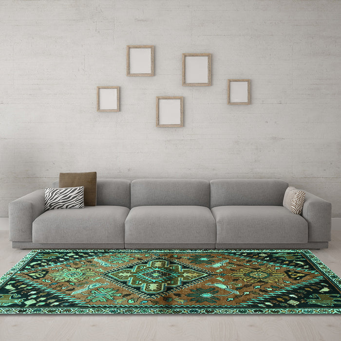Machine Washable Persian Turquoise Traditional Area Rugs in a Living Room,, wshtr516turq