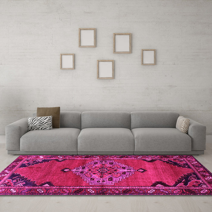 Machine Washable Medallion Pink Traditional Rug in a Living Room, wshtr517pnk