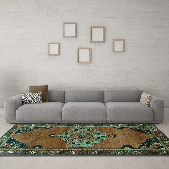 Machine Washable Medallion Turquoise Traditional Area Rugs in a Living Room,, wshtr517turq